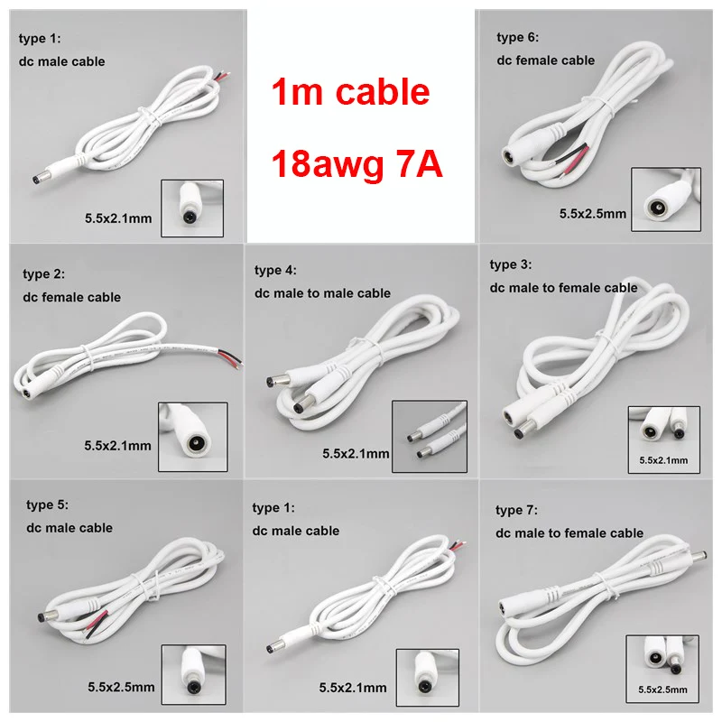 Biały 1m 18awg 7A DC męski przewód przedłużenie złącza zasilający siła żeńska 5.5x2.1mm 5.5x2.5mm przewód miedziany do taśmy LED