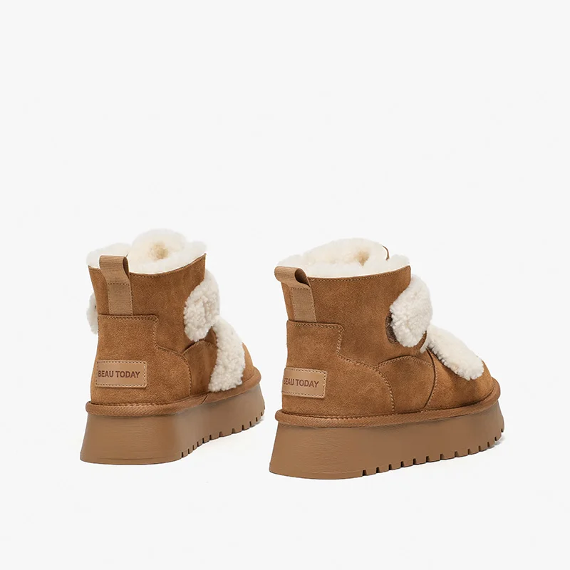 BEAUTODAY Winter Snow Boots Women Cow Suede Leather Warm Plush Thick Sole Hook Loop Anti-Slip Ladies Furry Shoes Handmade 08074