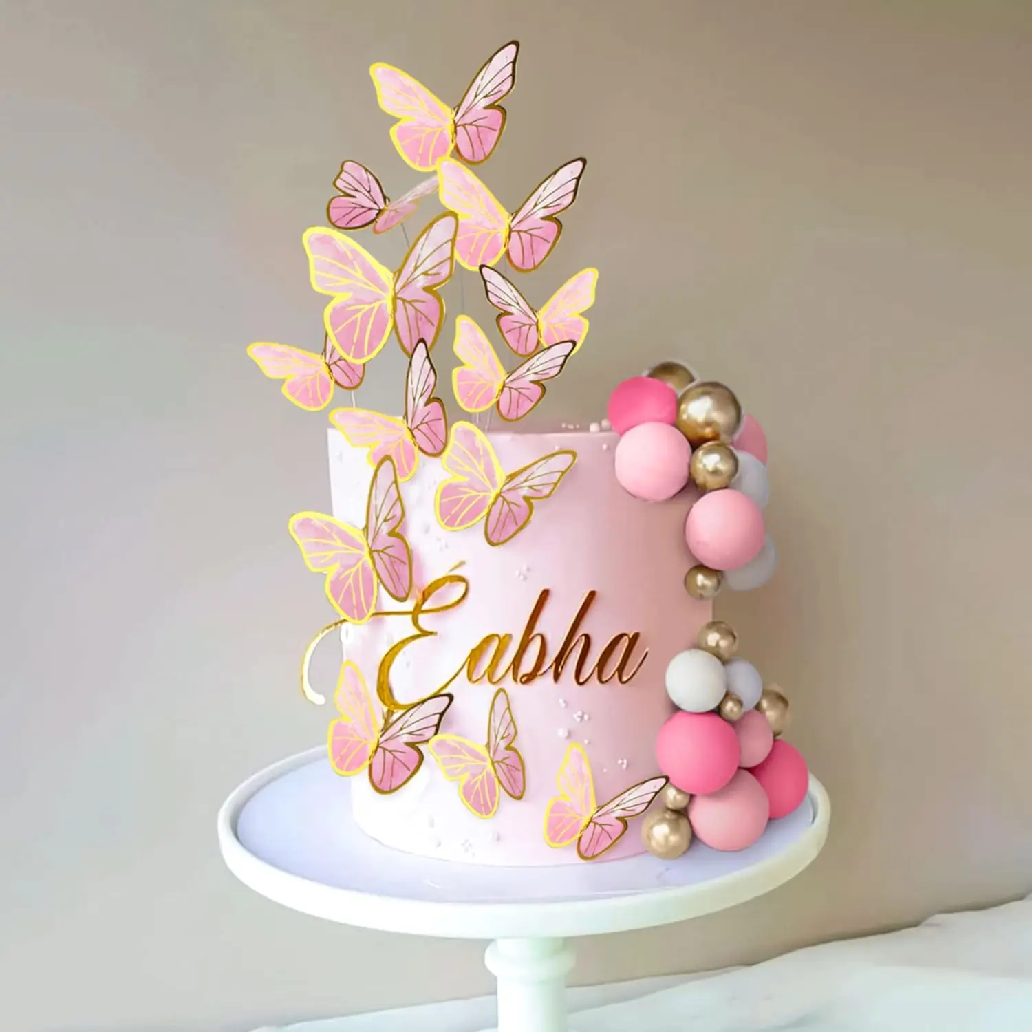 LaVenty Rosa Schmetterlings-Kuchendekorationen mit lila rosa goldenen Kugeln, Kuchendeckel für Hochzeit, Geburtstag, Brautparty, Party-Dekoration