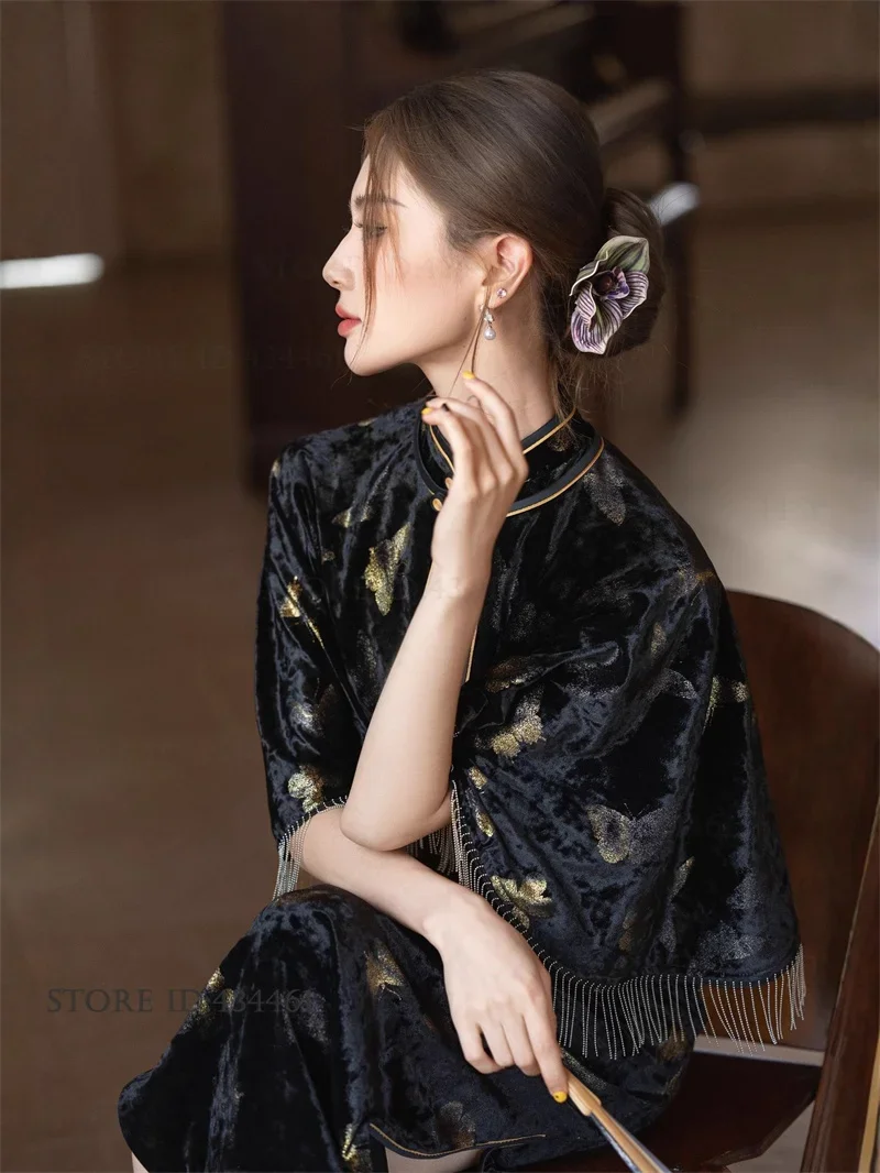 

Chinese Traditional Dress Elegant Jacquard Butterfly Slim Qipao Classic Women Velvet Long Cheongsam Oriental Evening Party Dress
