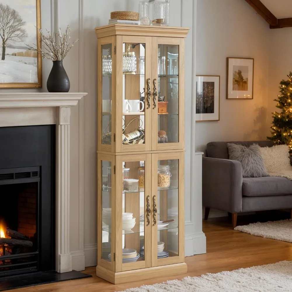 

Curio Cabinet 71" Lighted Glass Display Case, Wooden Wine Bar Cabinet with 6 Adjustable Shelves, Tempered Glass Doors