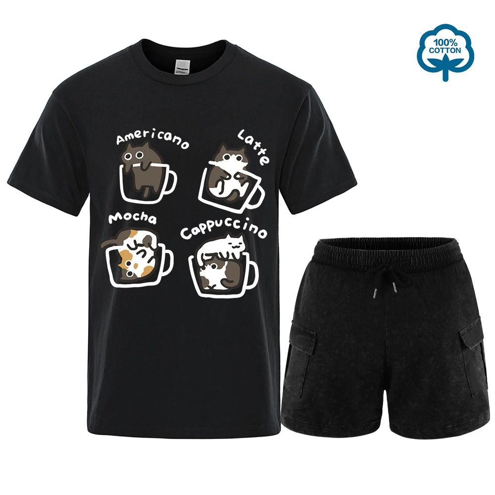 

Cat Coffee Pure Cotton Trendy Summer Loose Short Sleeved T-shirt Set Men Women Original Mocha Latte Cat Three Flowers Fun Tees