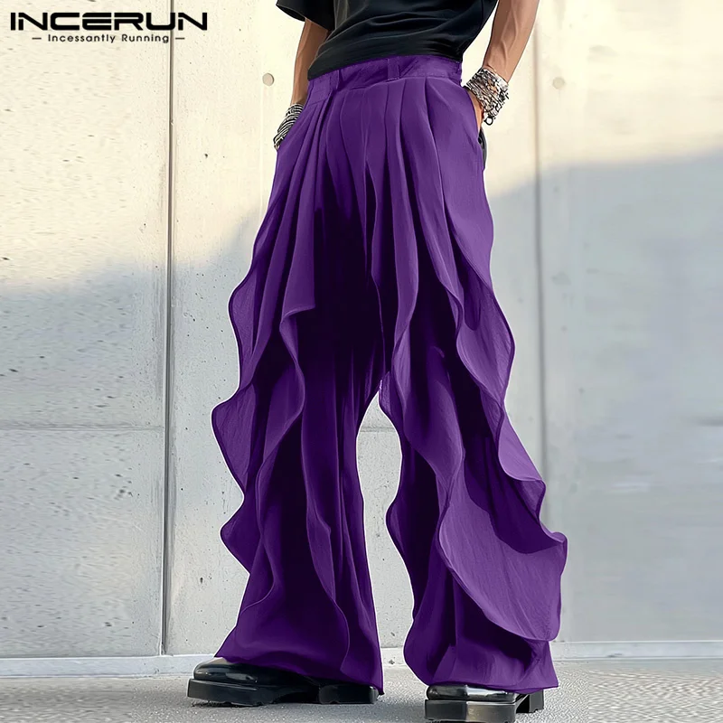 INCERUN 2024 American Style Trousers Stylish Men's Deconstruction Design Flounce Long Pants Male Personality All-match Pantalons