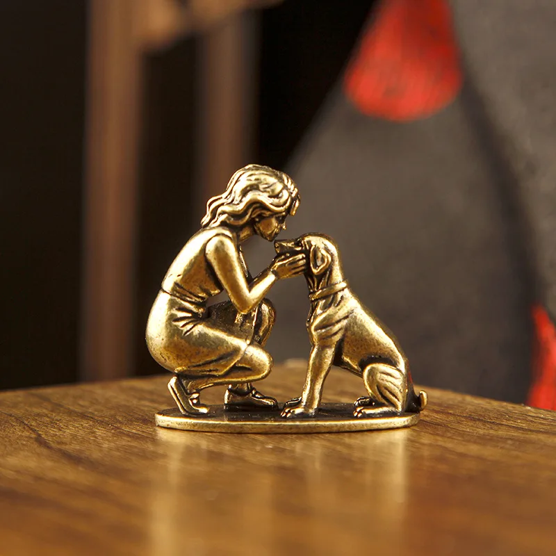 2/1 Piece Set of Girl and Dog Figurines, Creative Character Brass Model Ornaments, Desktop Decorative Copper Crafts