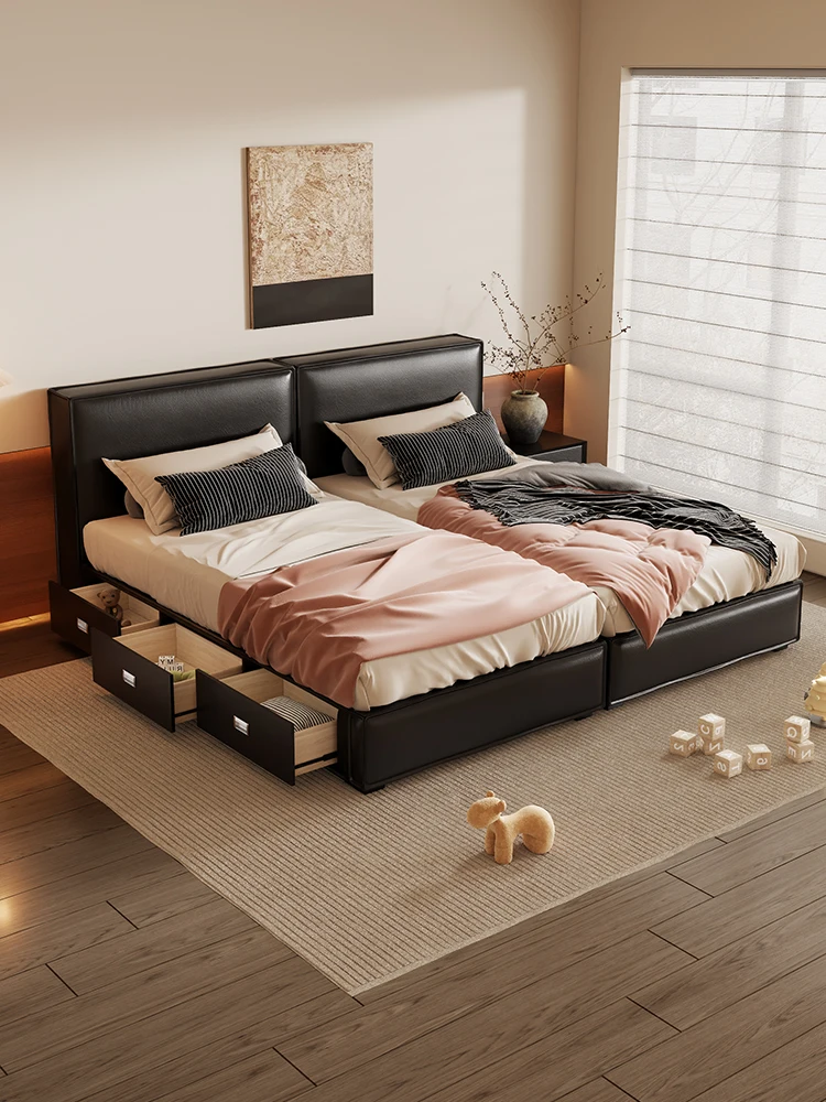 Light luxury solid wood leather children's bed boys and girls tofu block princess bed single double splicing