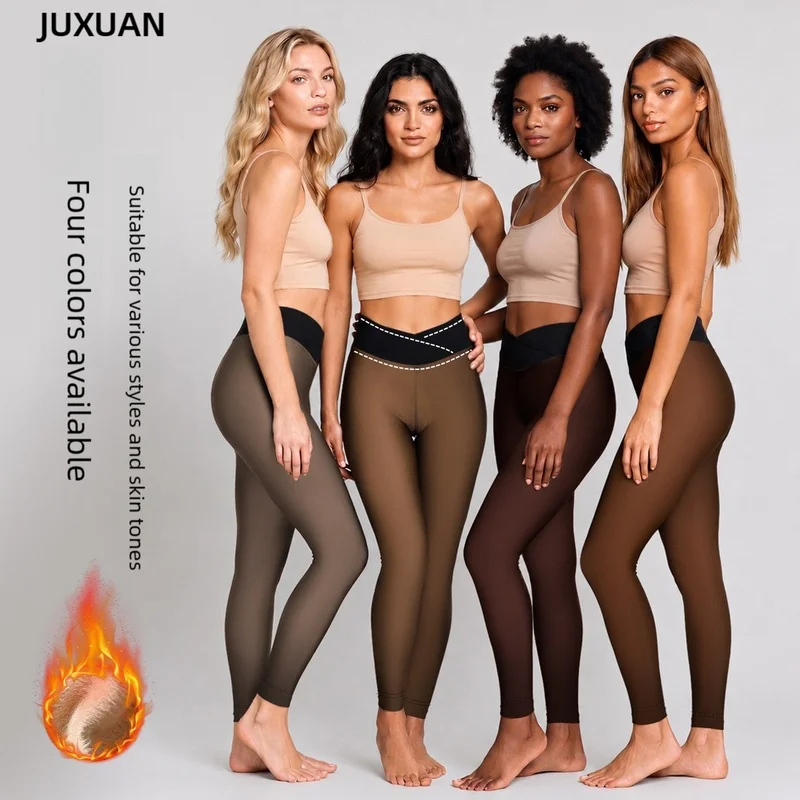 Women's Winter Fleece Lined Leggings High Waist Cross Waist 9/10 Length Skinny Pants  Seamless Nylon Plus Size Push Up Tights
