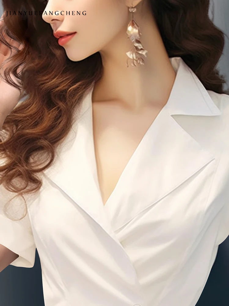 2024 Summer Women\'s Short sleeved White Shirt Elegant Suit Collar Slim Office Ladies Tops Fashion Casual Female Work Blouses