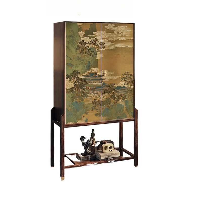 

New Chinese landscape solid wood chest, living room sofa side high-footed cabinet, bedroom bedside cabinet