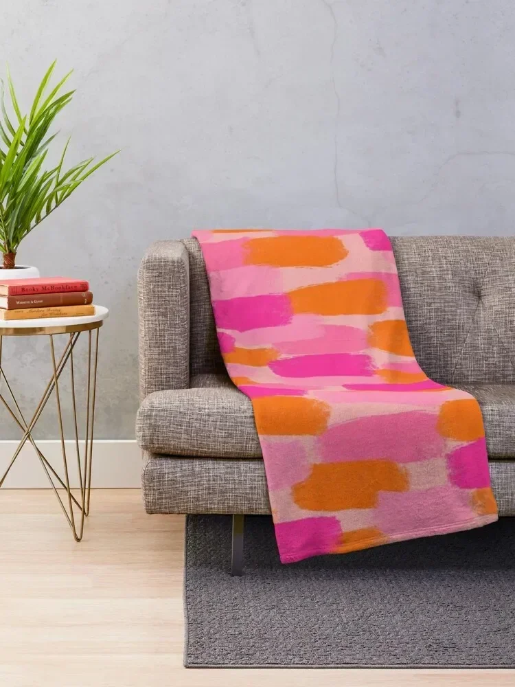 Abstract, Pink with Orange, Paint Brush Effect Throw Blanket Bed decorative Nap Blankets