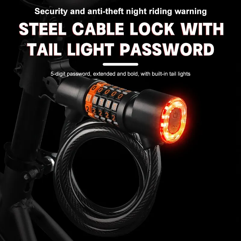 Bicycle Lock with Tail Light 5-Digit Security Password Bike Lock Steel Cable Chain Anti-theft Bicycle Bike Accessories