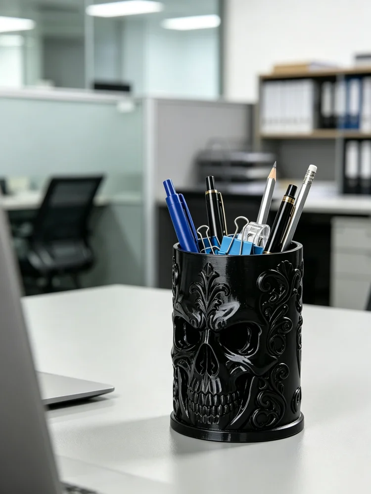 Office Table Accessories Unique - Dunkler Gothic-Totenkopf-Stifthalter mit luxuriöser geschnitzter Totenkopfskulptur,