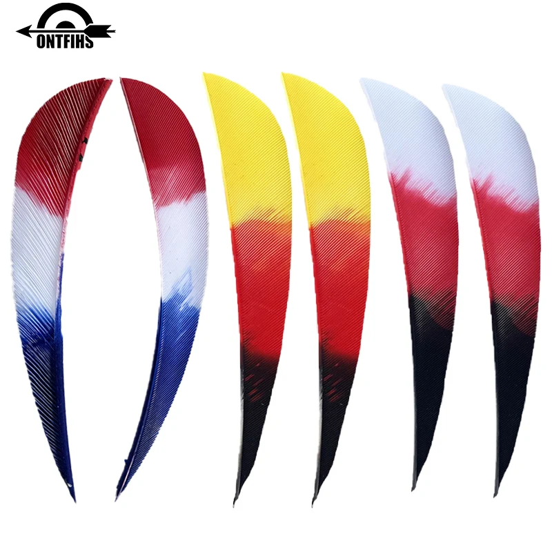 Plumes de dinde naturelles de 4 pouces, 50 pièces, goutte d'eau, Fletching, dégradé tricolore, pièces de flèches, tir à l'arc, accessoires de bricolage, chasse