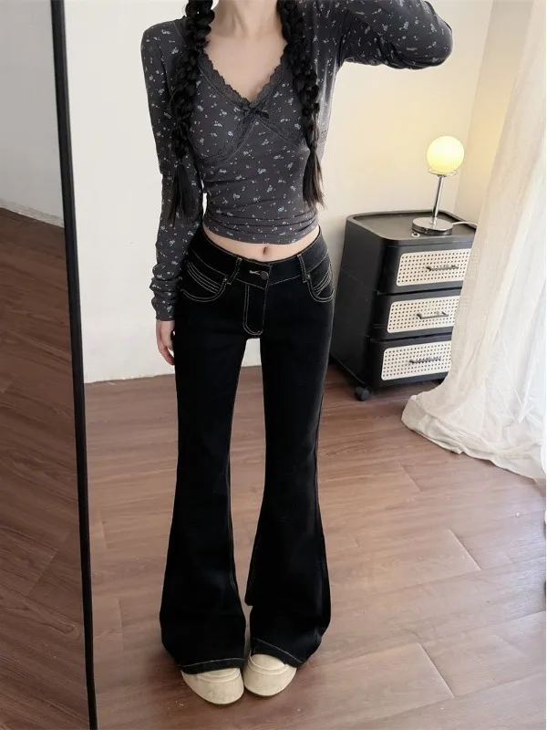 Low Waist Bell Bottom Denim Jeans Women's Slim Fit Design Sensation Long Pants American Style Daily Spicy Girl Black