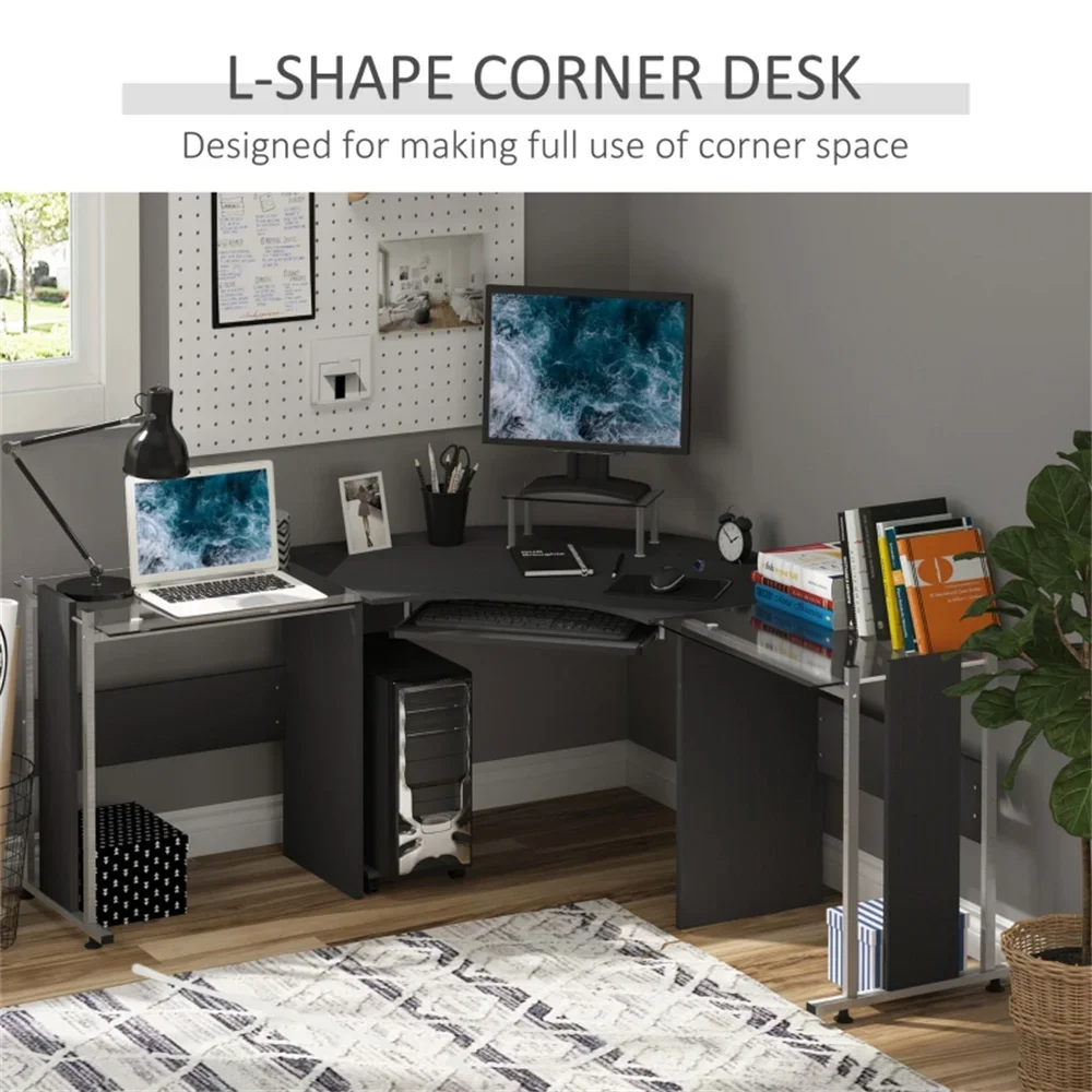 

L-shape Office Computer Desk,with under-desk slide-out keyboard tray,ideal for home,dorm room,office,Color:Black, Clear glasstop