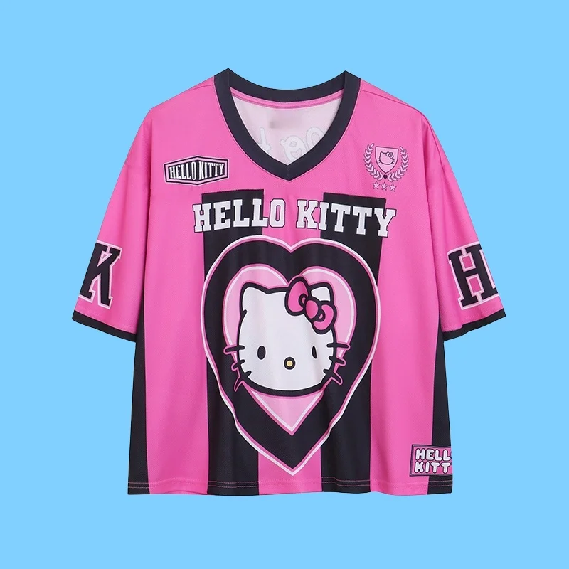 

MOTO-Летняя бейсбольная футболка «Hello Kitty», спортивная одежда с героями мультфильмов, женские и мужские легкие дышащие повседневные топы с v-образным вырезом в свободную полоску