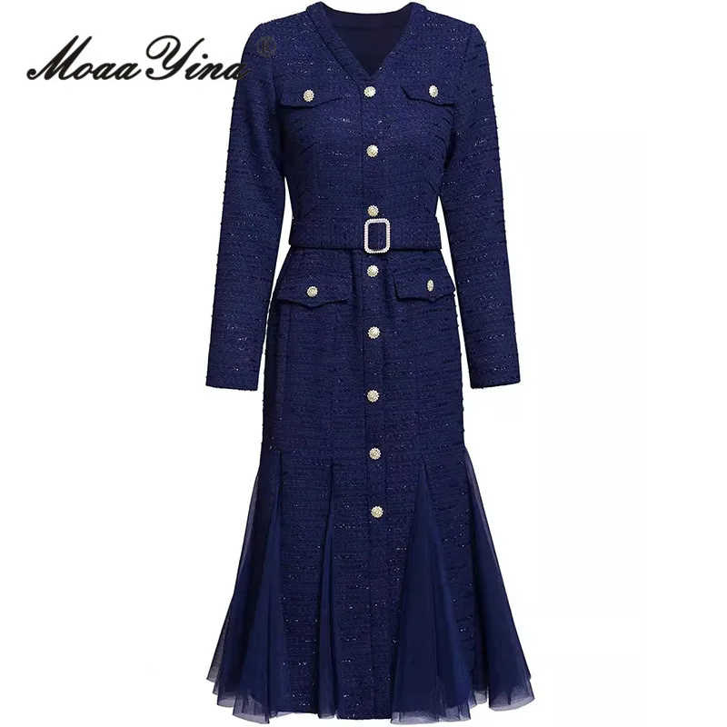 

MoaaYina Elegant Commuter Solid Color Women's Dress Autumn Winter V-Neck Single-Breasted Lace-UP Slim Dresses