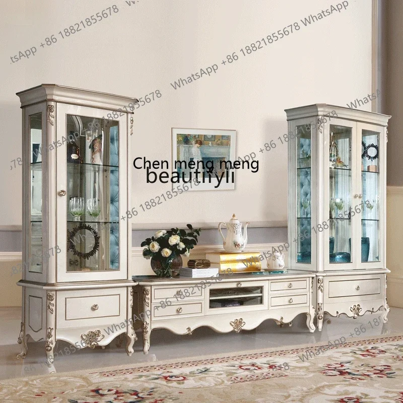 

ss7304 French-Style Solid Wood Painted TV Cabinet European-Style Living Room Luxury Handmade Carved Storage Floor Cabinet