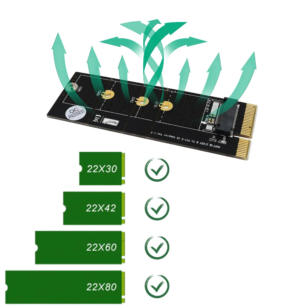 H1111Z PCIE3.0 NVME Adapter x16 PCI-E Full Speed M.2 2280 Aluminum Sheet Thermal Conductivity Silicon Wafer Cooling for M.2 SSD