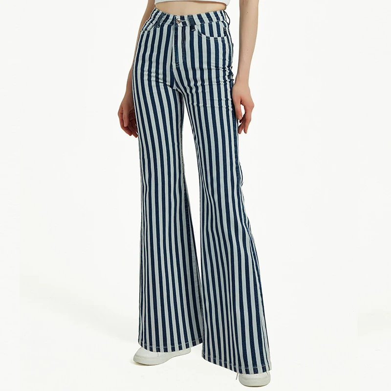 

Эластичные расклешенные джинсы, женские широкие брюки, разноцветные джинсовые брюки в полоску, облегающие модные элегантные брюки-клеш в тонкую полоску