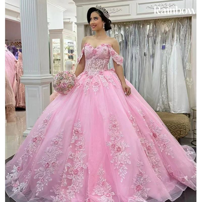 

High Quality Quinceneara Dress Embroidered Lace On Net With Sequins Princess Ballgown Off The Shoulder Customized Birthday Party