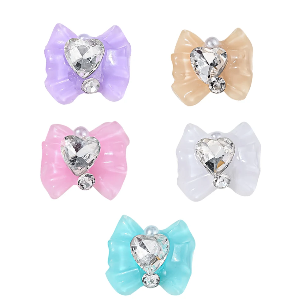 10Pcs Ribbon Bowknot Nail Art Charms 3D Love Heart Crystal Diamond Rhinestone Kawaii Bow Manicure Supplies Nail Art Decoration