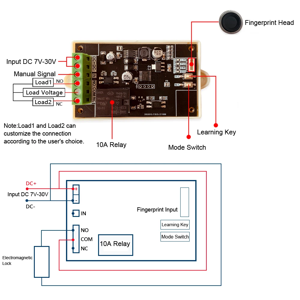 Fingerprint Identification Control Board Relay Switch Module Access Control Lock 12V 24V