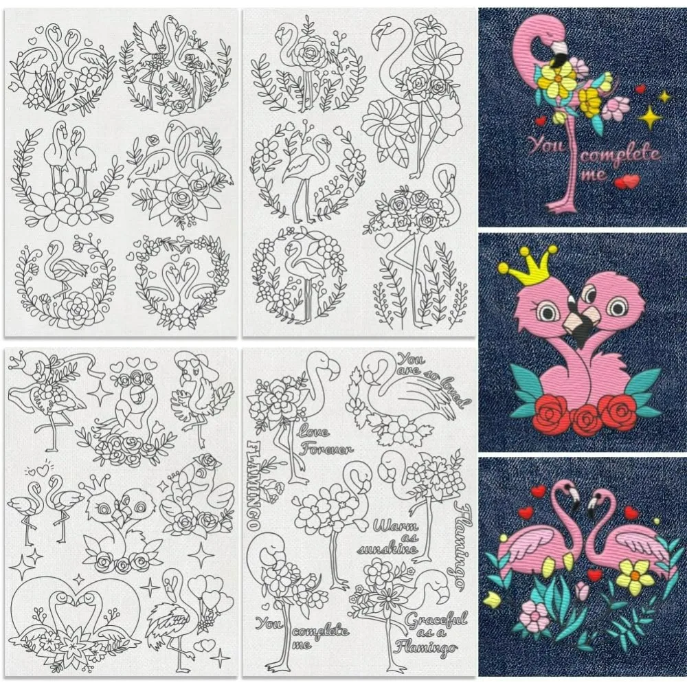 Estabilizadores de costura a mano Solubles en agua, 25 uds., flor de flamenco, 8,3 "x 11,7", estabilizador de patrón de bordado de flamenco de amor, 4 hojas
