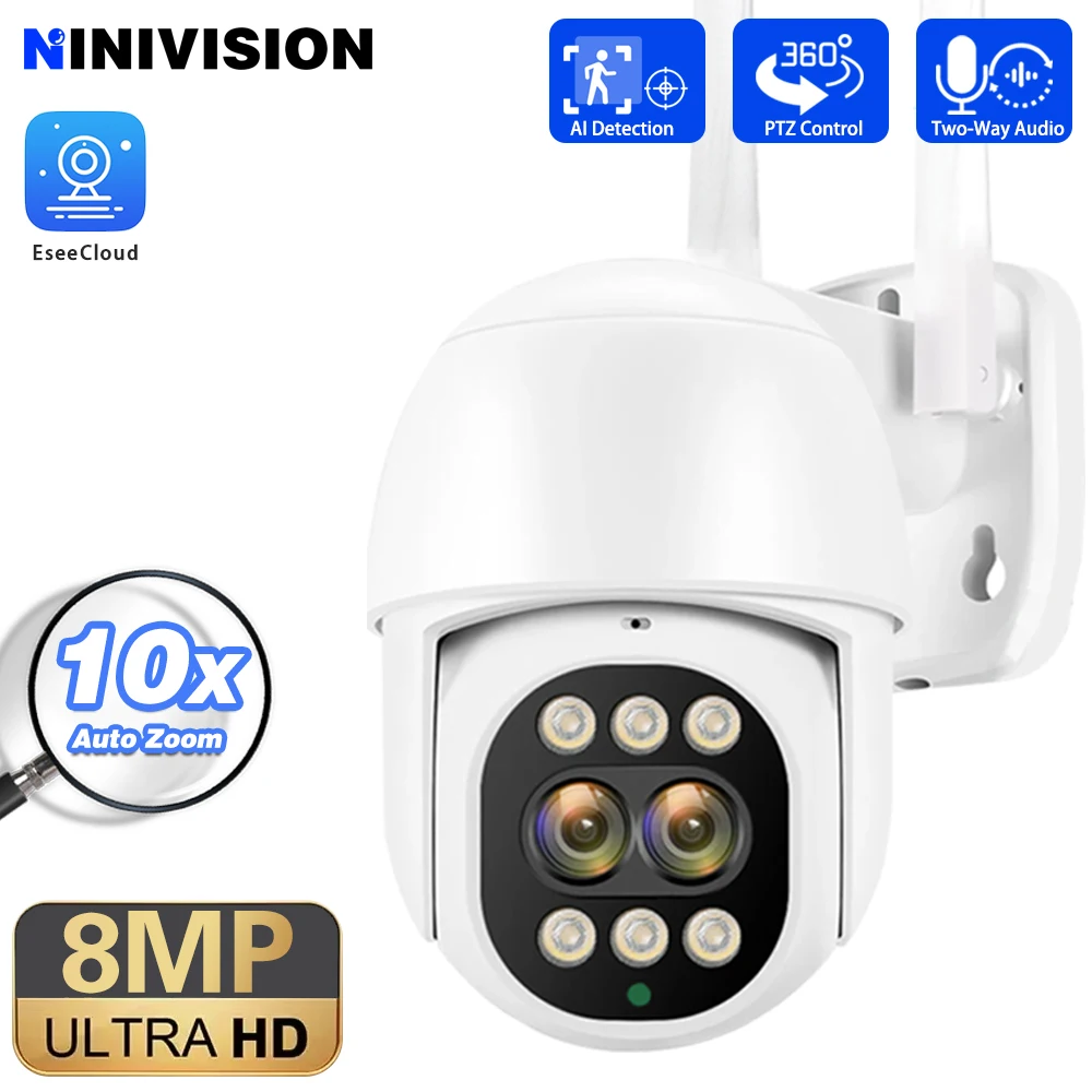 

NINIVISION 10-кратный PTZ-зум, 8-мегапиксельная двойная линза, двойной экран, обнаружение движения, двусторонняя аудиосистема безопасности, беспроводная Wi-Fi, уличная IP-камера видеонаблюдения