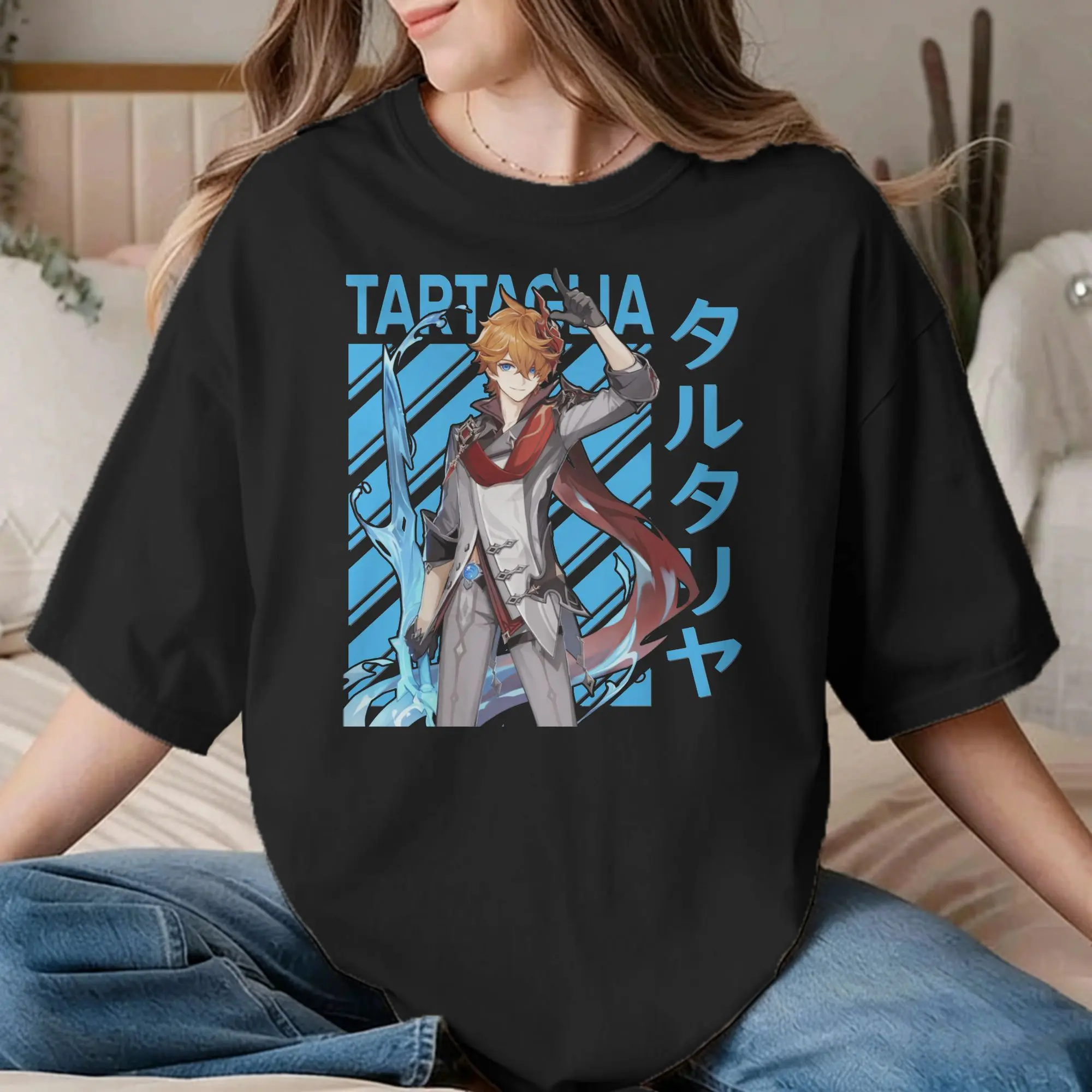 Tartaglia Genshin Impact T Shirt Men Women Pure Cotton Unique T-Shirt Crewneck Anime Game Tees Short Sleeve Tops 4XL 5XL 6XL