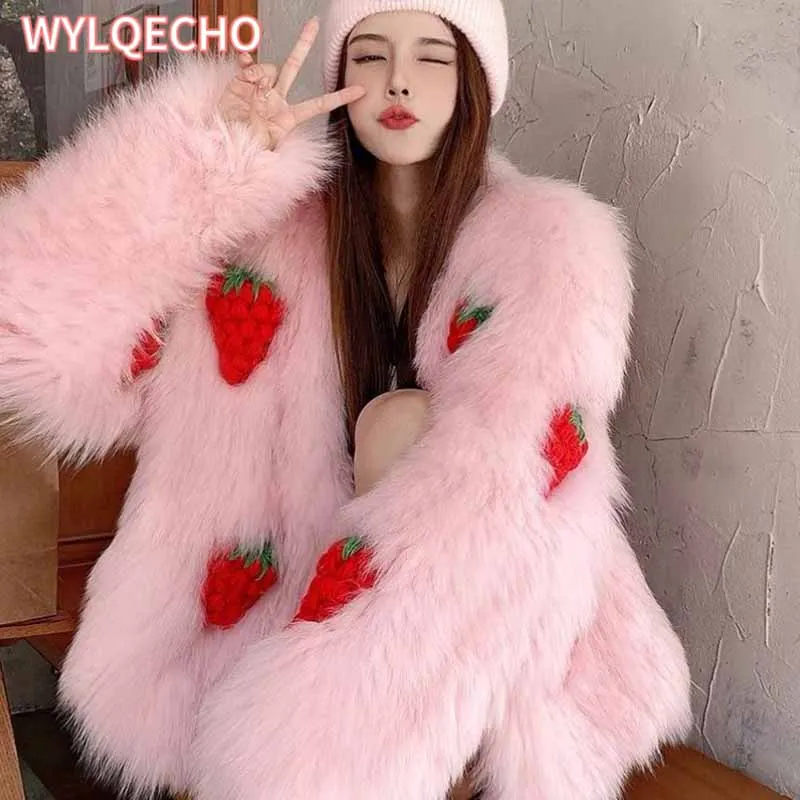 2023 Autumn Winter Pink Sweet Strawberr Faux Fur Coats Women Elegant Thick Warm Pink Plush Jacket Female Shaggy Outerwear