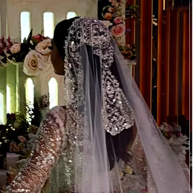 

Diamond Shiny Luminous Luxurious Veil Fully Beaded Embroidered Veil New Cathedral Wedding Accessories Bridal custom made veil