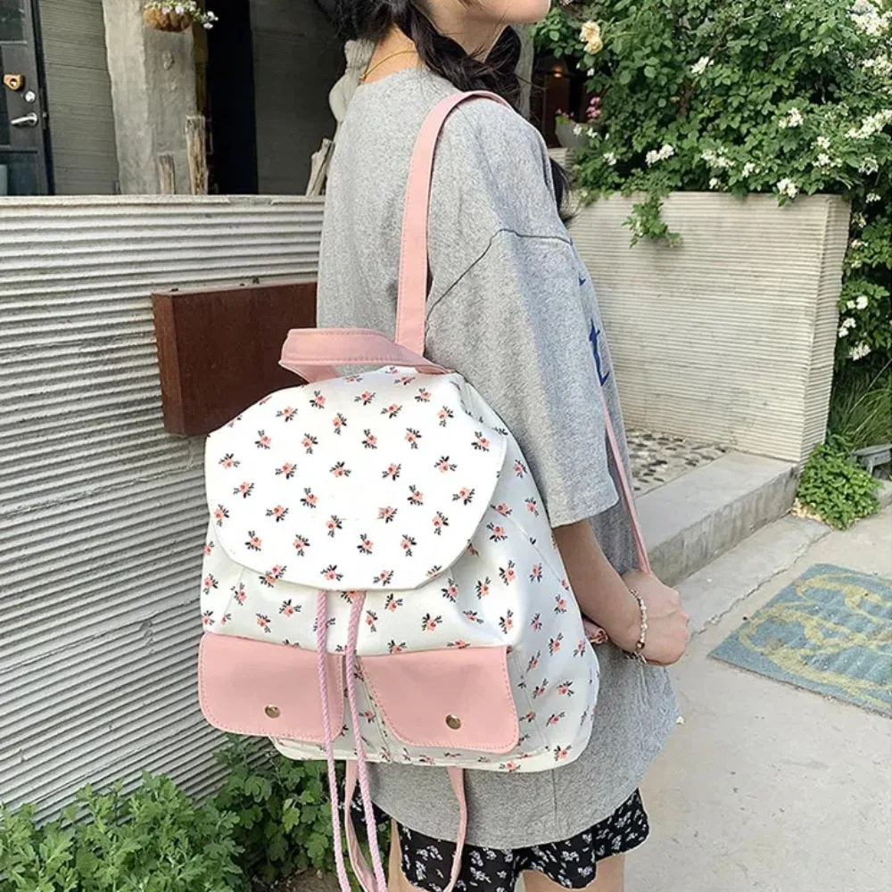 Mochila de lona con patrón de flores para niñas, bolsa de libros con cordón de gran capacidad, mochila de nailon para exteriores, moda