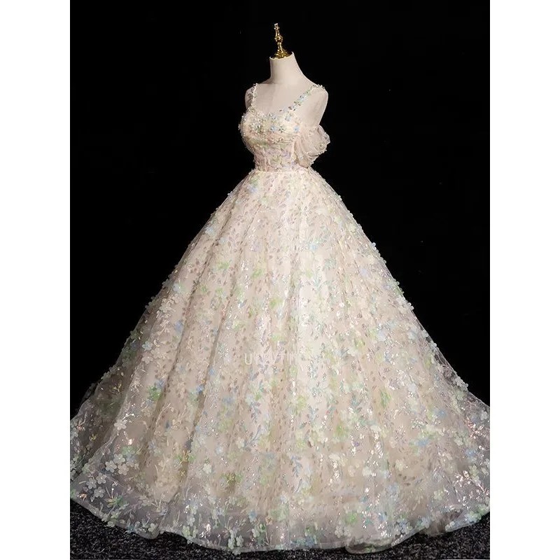 Vestido de noche champán ligero de lujo para mujer, apliques de flores con hombros descubiertos, largo hasta el suelo, corte en A, vestido de graduación, Vestidos para quinceañeras