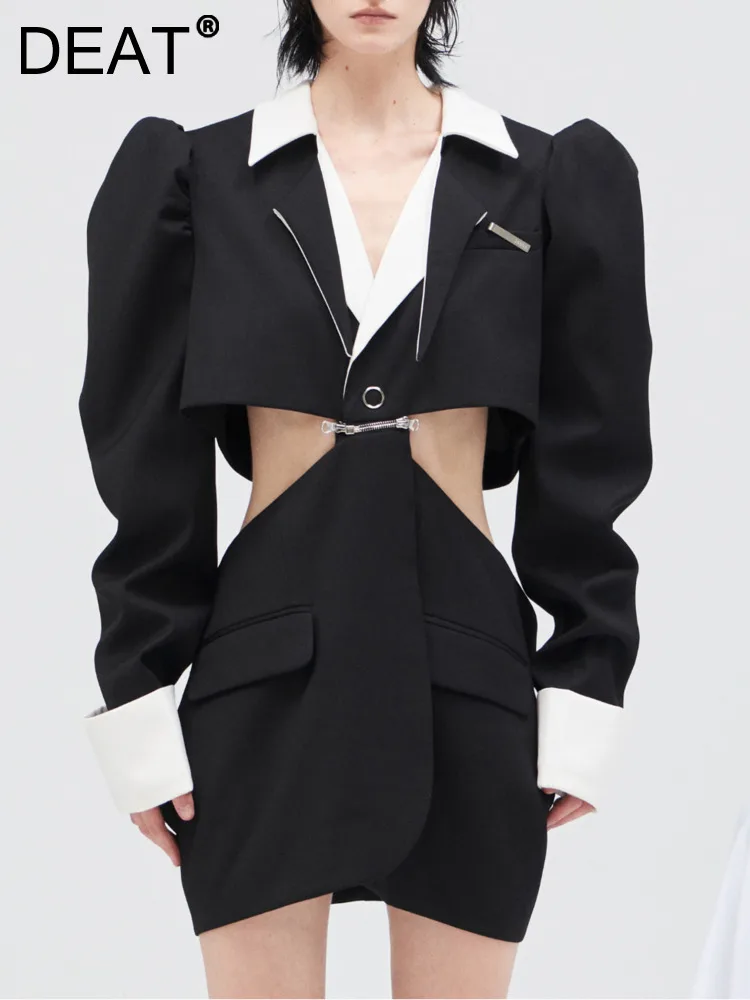 

DEAT Fashion Women 2 Pcs Set Detachable Blazer Puff Sleeves Waist Hollow Out Covered Button Suit Jackets Summer 2024 New 17A2439