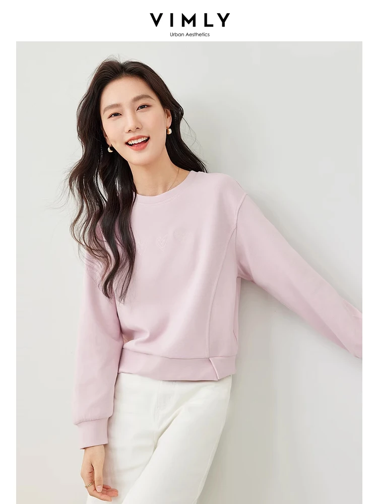Vimly Lazy Style O-neck Pink Short Women\'s Sweatshirt 2024 Spring Straight Loose Solid Pullovers Long Sleeve Top for Woman M6550
