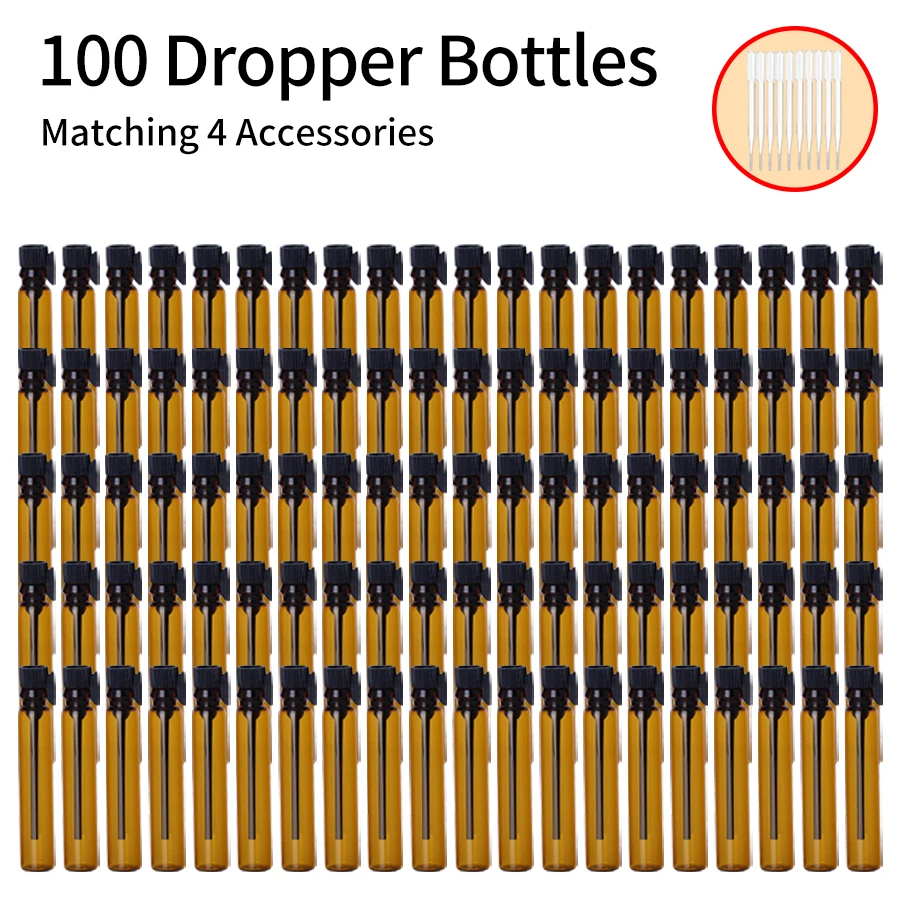 100Pcs+10 accessories Amber glass mini small empty perfume sample bottle with 100 dropper bottles and 10 0.5ml straws (1ml)