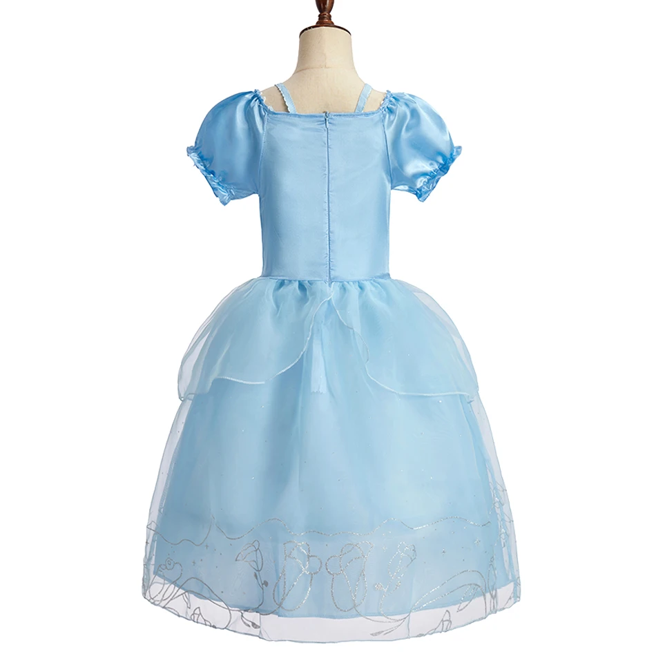 Meninas vestidos de princesa crianças verão desempenho azul roupas crianças cinderela dança apliques manga bolha vestidos cosplay