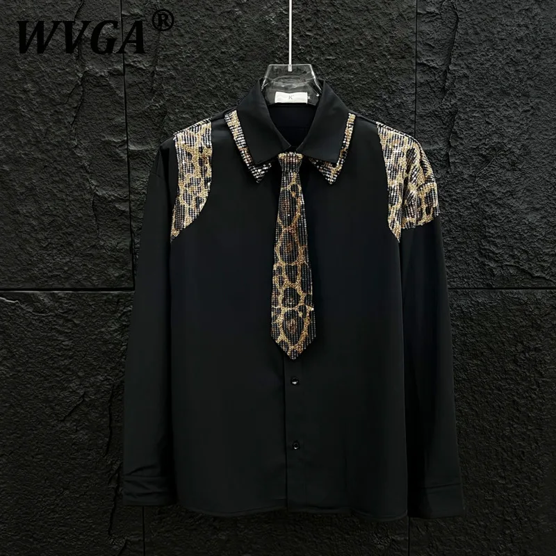 

WVGA Spring Autumn New Men's High-End Patchwork Printed Tie Long Sleeve Shirts Niche Trendy Sequin Design Casual Shirt Ins W9233