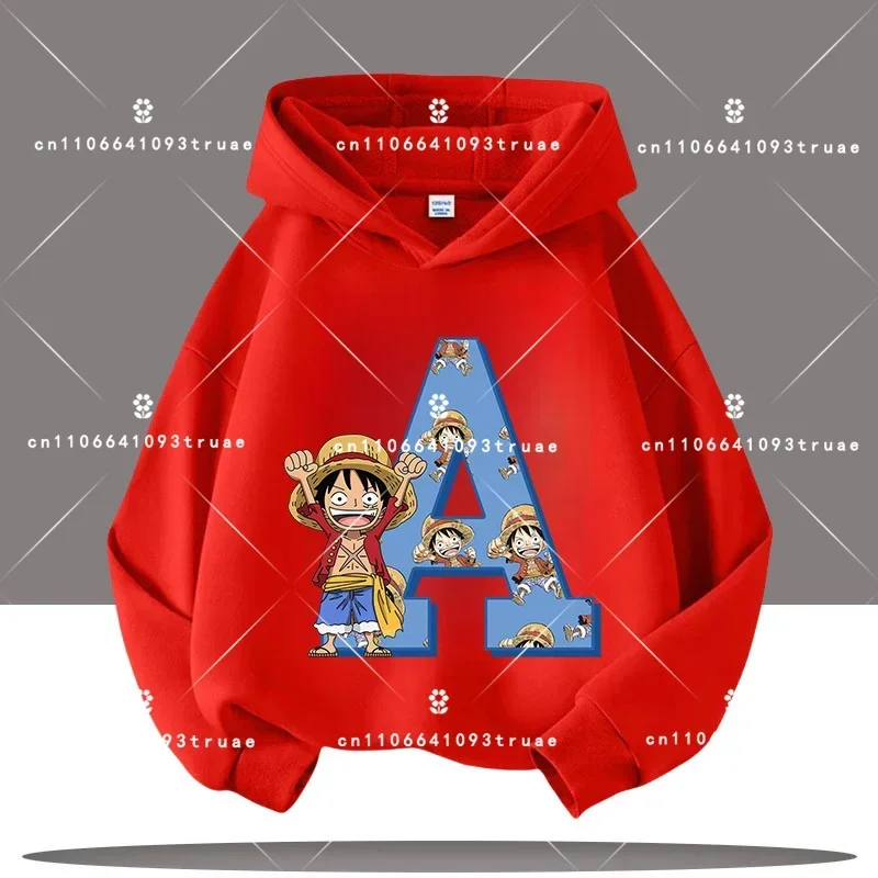 

Long-sleeved letter A-Z "One Piece" children's hooded sweatshirt with cartoon print, boys' sportswear, girls' casual top New