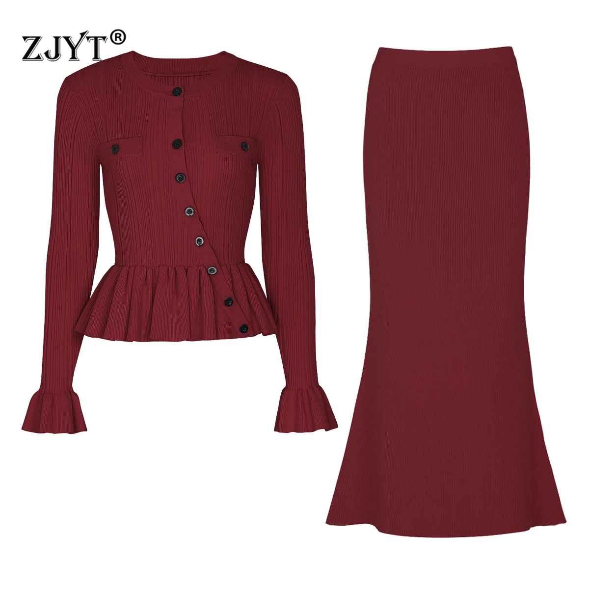 

ZJYT Elegant Long Sleeve Knitted Cardigans Sweater and Skirt Suit Set Two Pieces Womens Outfit Autumn Winter Christmas Party