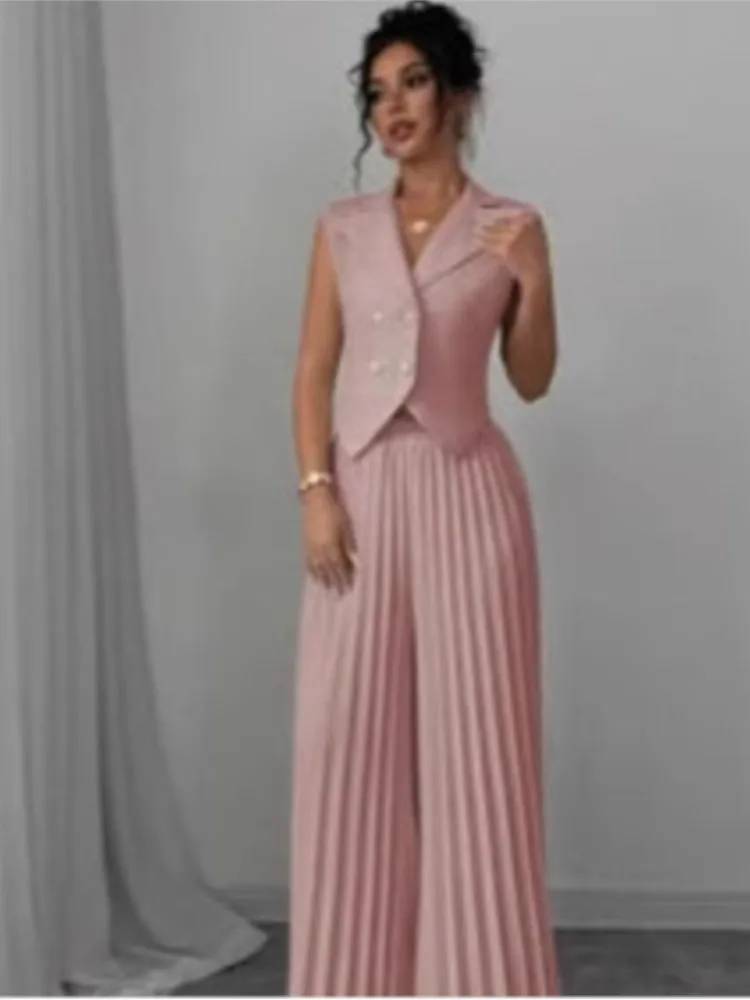 

Женский наряд; Элегантный офисный комплект из двух предметов, повседневный однотонный тонкий топ без рукавов с лацканами + плиссированные широкие брюки, комплекты из 2 предметов