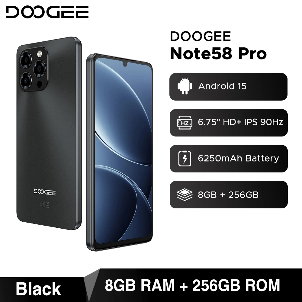Global Versie DOOGEE Note58 Pro Smartphone 6.75 "HD + Display 32 GB (8 + 24) 256 GB 6250 mAh Batterij NFC Android 15 Mobiele Telefoon