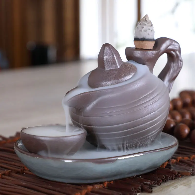 Teapot Ceramics Waterfall Incense Backflow Holder Home Fragrance Accessories for Tea House Office Yoga Room