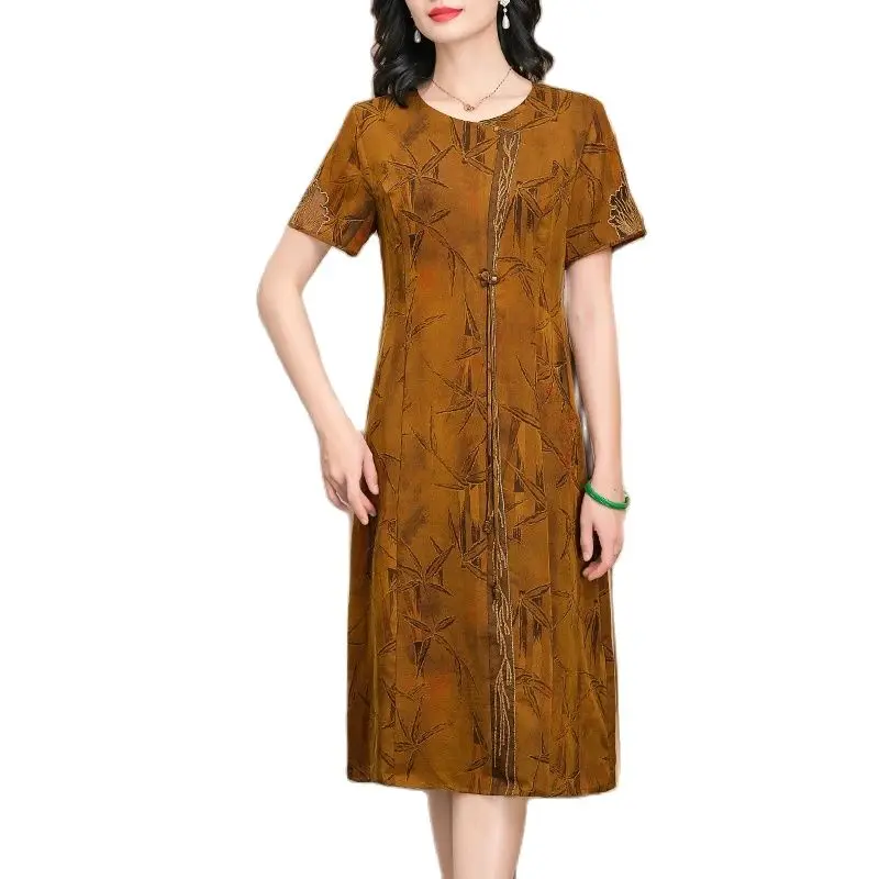 BirdTree-vestido de seda 100% auténtica para mujer, vestido elegante de manga corta, estampado Vintage de gran tamaño, D44841QC