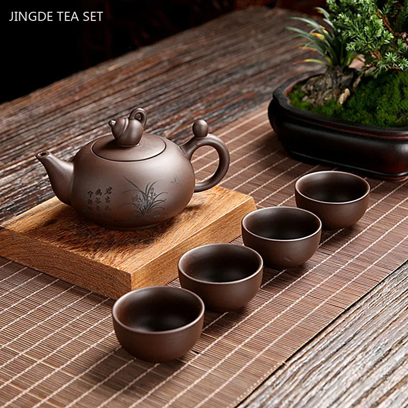 

Antique Purple Clay Tea Set A Pot of Four Cups Suit Handmade Teaware Chinese Raw Ore Zisha Tea Set Home Tea Pot and Cup Set