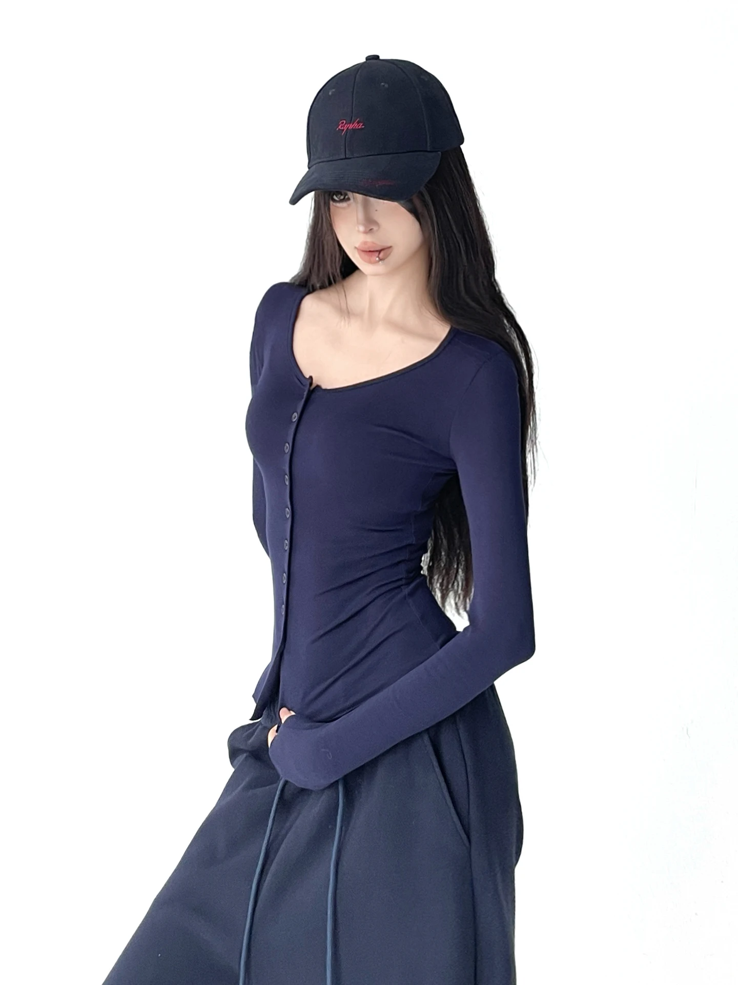 섹시한 순수한 욕망 버튼 가디건 티셔츠 여성용 2025년 신상 가을 겨울 슬림 핏 롱 슬리브 탑 여성 패션 슬리