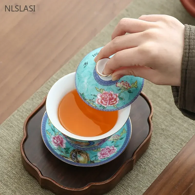 180ml Jingdezhen Ceramic Gaiwan Enamel Color with Cover Tea Cup Sancai Tea Bowl Chinese Porcelain Tea Set Household Tea Infuser