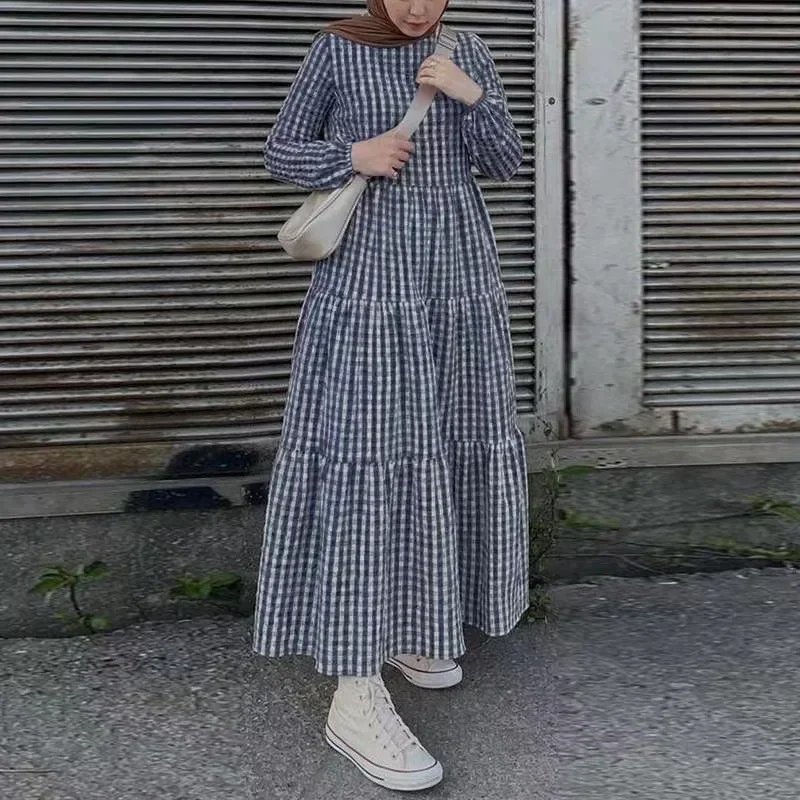 Vintage Plaid Checked Sundress Muslim Women Long Sleeve Ruffles Abaya Dubai Dress Robe Femme Holiday Islamic Clothing