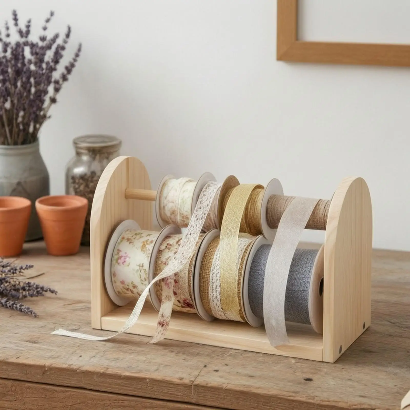 Unfinished Ribbon Organizer Rack | Space-Saving Tabletop Design, Solid Wood