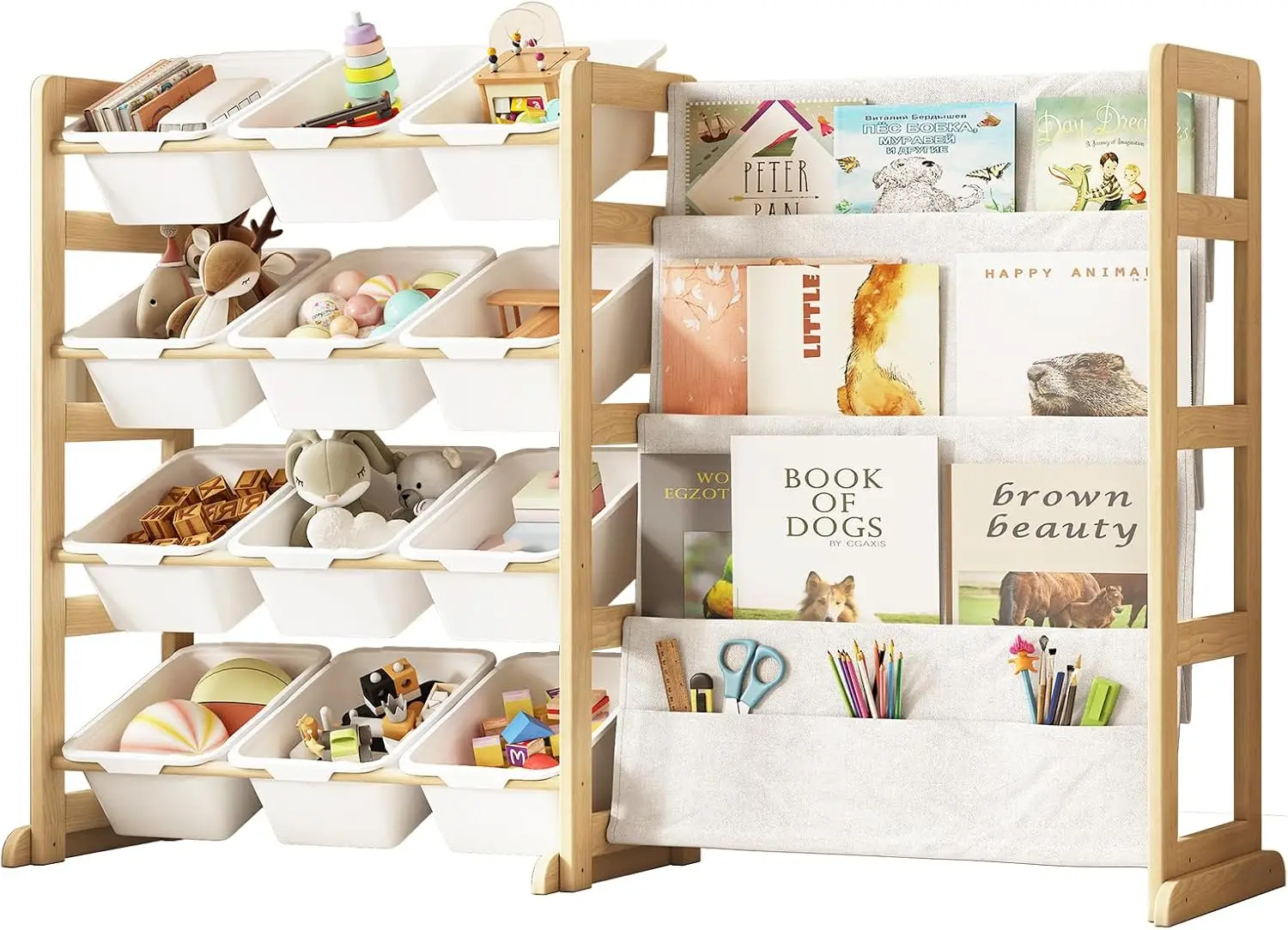 Solid Pine Wood Kids Toy Storage Organizer with Bookshelf and 12 White Bins, Book Rack Shelf Unit for Playroom, Nursery, Kids Room, Stores Toys and Books